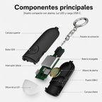 Vista interna de alarma personal KÄRN con botón SOS, luz LED, carga USB-C y alarma integrada
