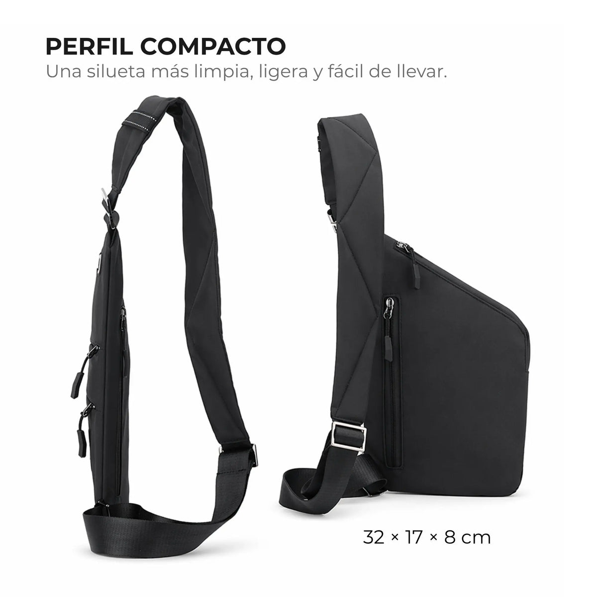 Vista lateral y trasera de la mochila cruzada antirrobo Smart KÄRN negra con perfil compacto y diseño slim.