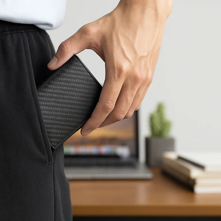 Billetera Kärn negro con protección RFID, diseño compacto y elegante que cabe fácilmente en el bolsillo.