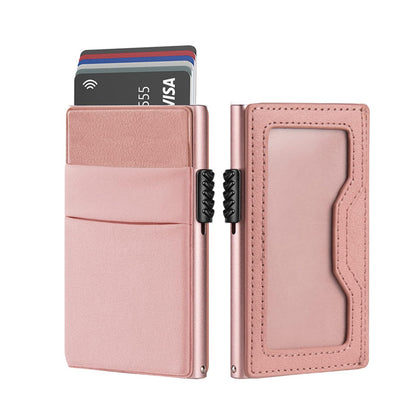 Tarjetero RFID KÄRN de piel rosa metálica con compartimento para tarjetas y documento de identidad, diseño elegante y seguro para mujer.