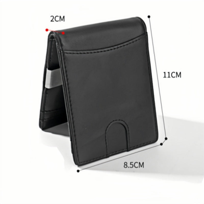 Billetera Kärn de piel negra con clip metálico y medidas 11 x 8,5 cm, diseño compacto RFID antirrobo para hombre.