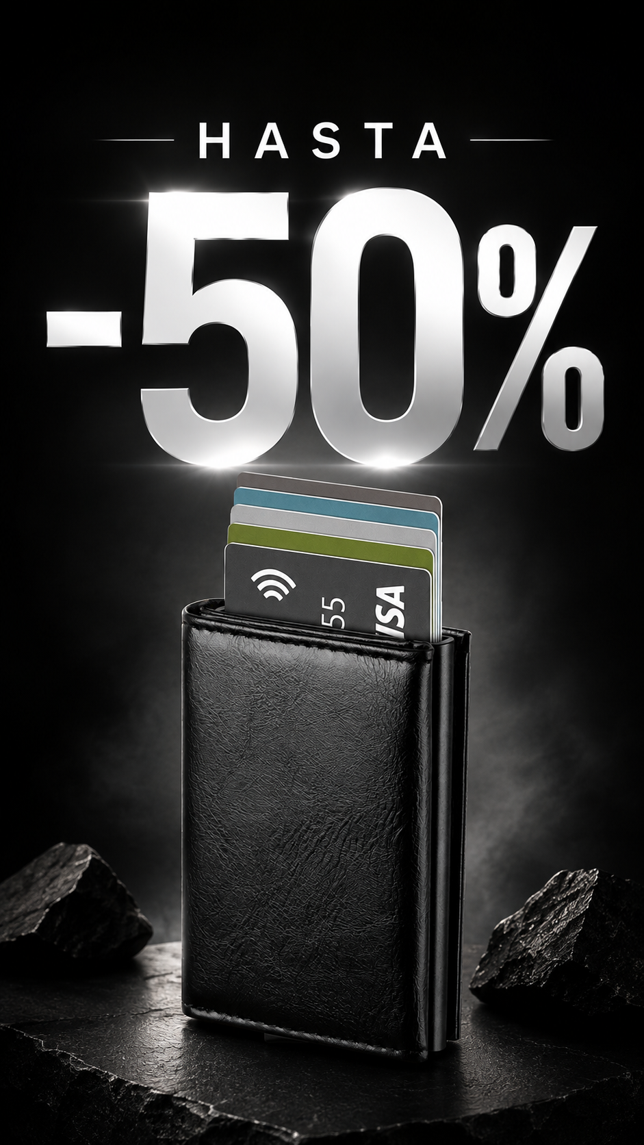 Oferta hasta -50% en tarjetero RFID Slim negro con tarjetas, sobre fondo oscuro