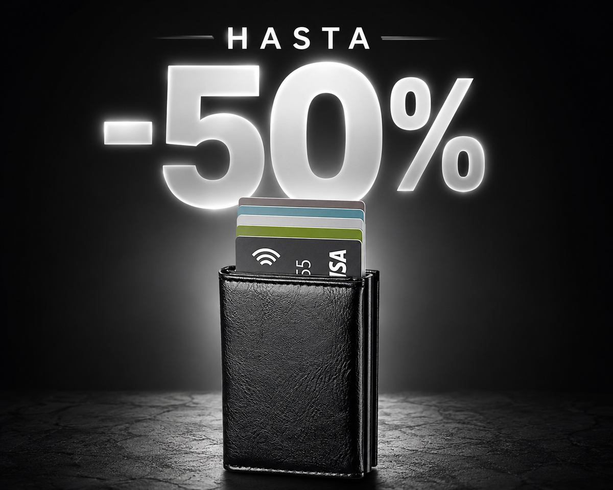 Oferta hasta -50% en tarjetero RFID Slim negro con tarjetas, sobre fondo oscuro.