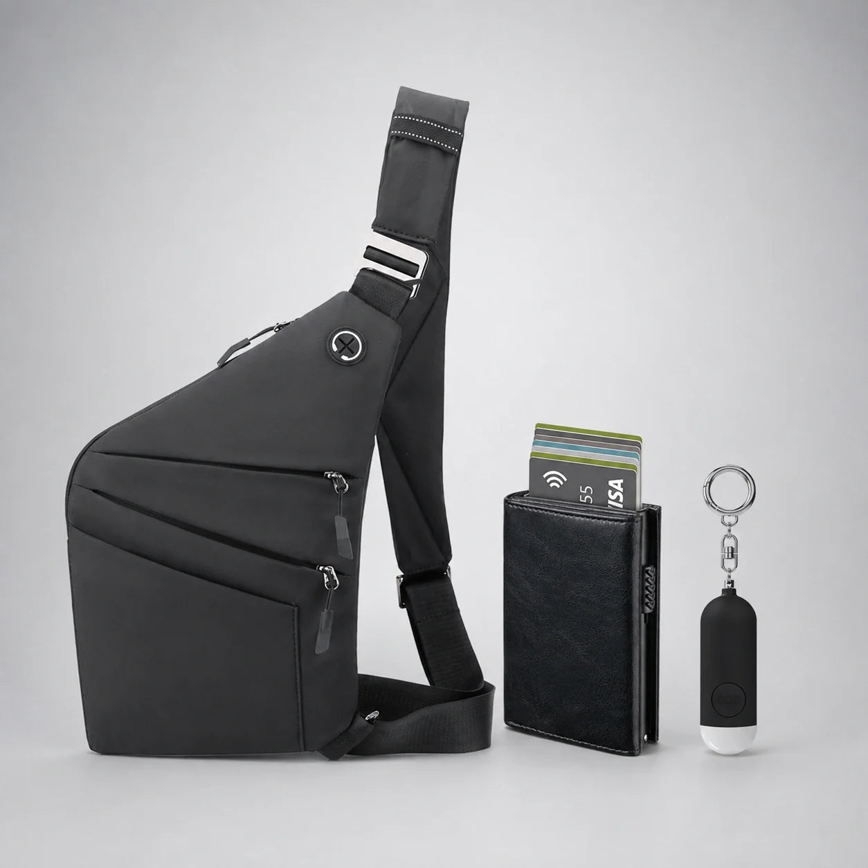 Pack de seguridad KÄRN con mochila antirrobo bandolera, tarjetero RFID Slim Pro y alarma personal con botón SOS