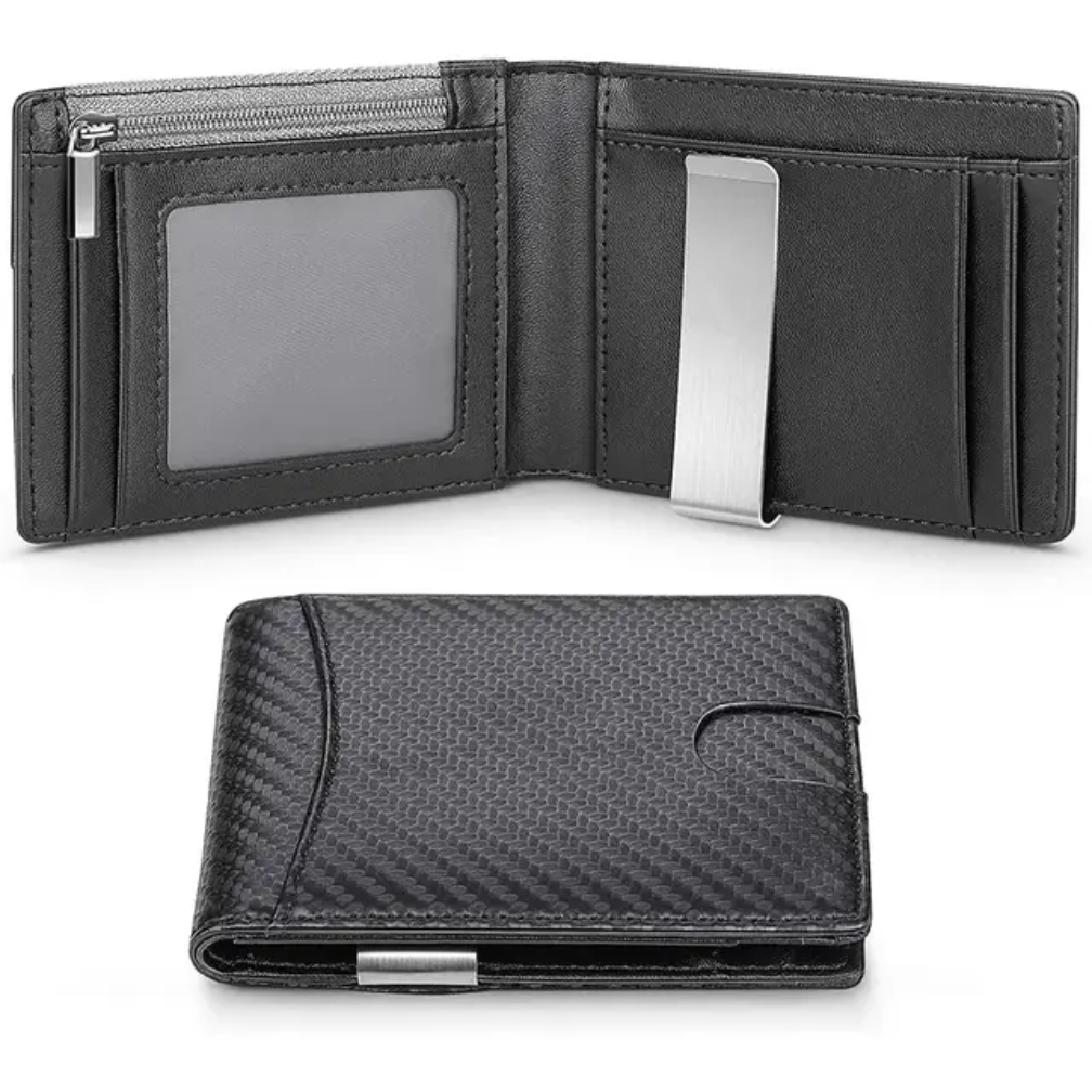 Billetera KÄRN de fibra de carbono negra con clip metálico para billetes, compartimentos para tarjetas y protección RFID, diseño moderno y elegante para hombre.
