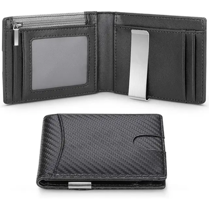 Billetera KÄRN de fibra de carbono negra con clip metálico para billetes, compartimentos para tarjetas y protección RFID, diseño moderno y elegante para hombre.
