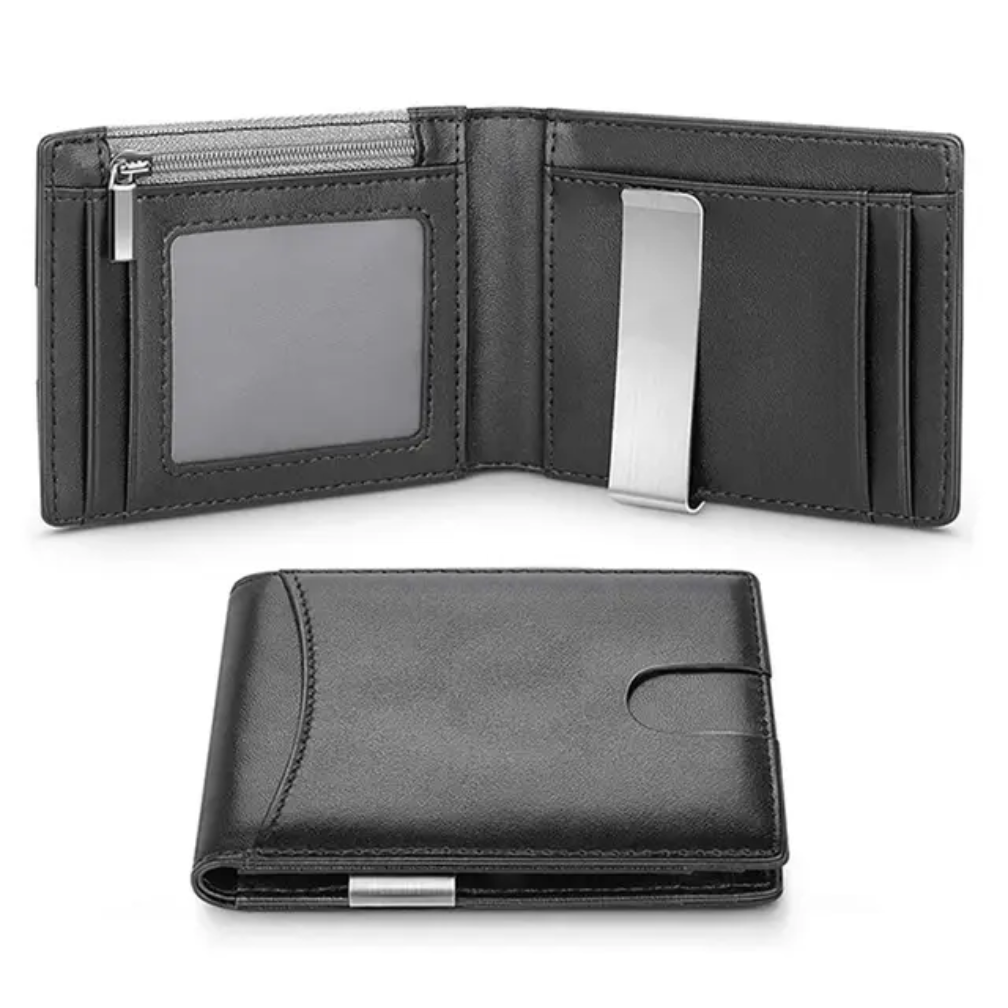 Billetera KÄRN de piel negra con clip metálico para billetes, compartimentos para tarjetas y protección RFID antirrobo, diseño elegante y funcional para hombre.