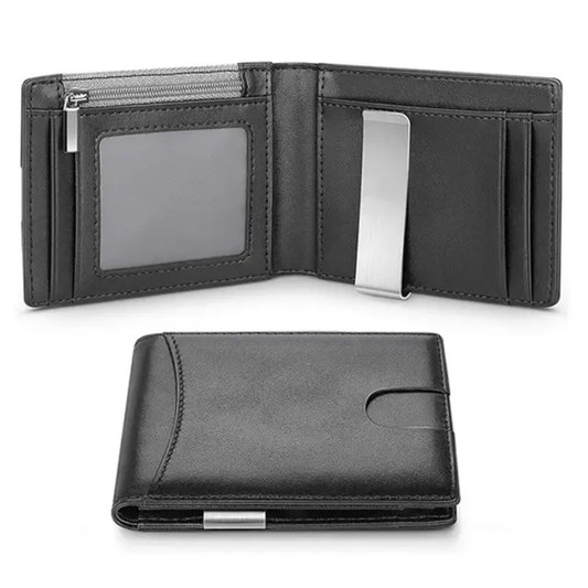 Billetera KÄRN de piel negra con clip metálico para billetes, compartimentos para tarjetas y protección RFID antirrobo, diseño elegante y funcional para hombre.