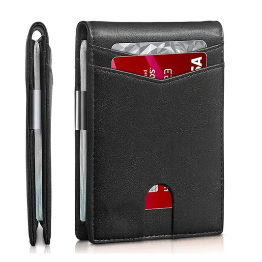 Billetera Kärn de piel negra con clip metálico lateral y ranuras para tarjetas, diseño ultradelgado RFID antirrobo para hombre.