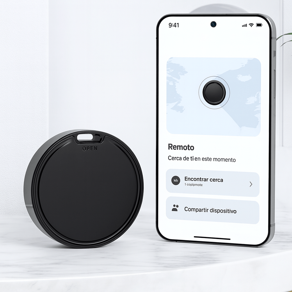 SmartTag KÄRN junto a un móvil con la app de localización